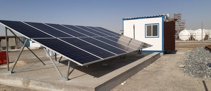 Ground-mounted solar array on a concrete base at a farm in Hamriyah Free Zone, Sharjah