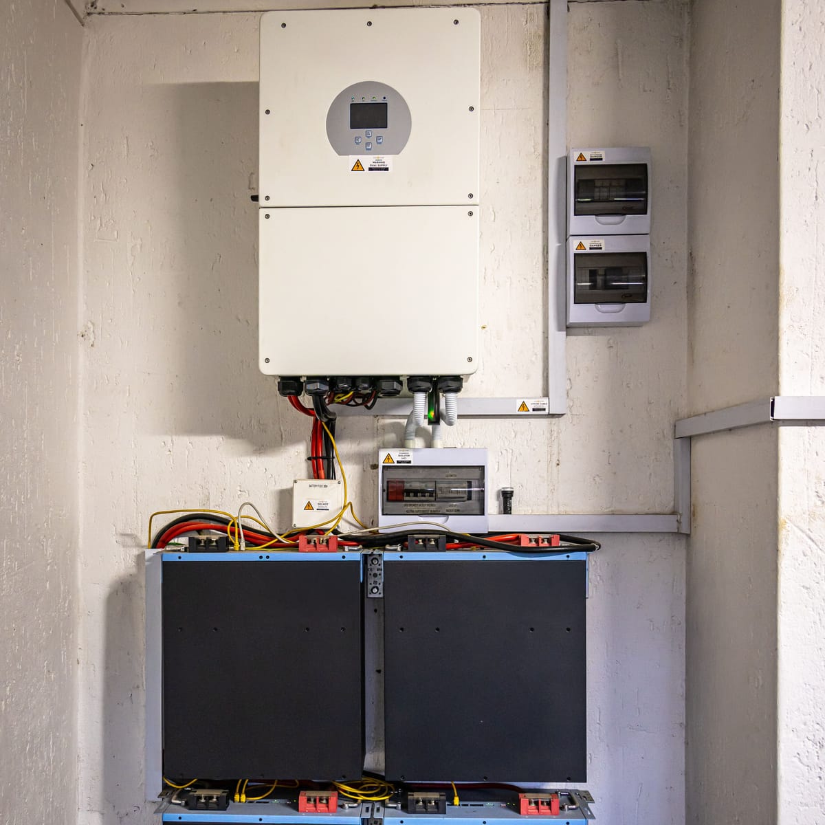 A wall-mounted hybrid inverter above stacked lithium battery units and their breakers in a utility room